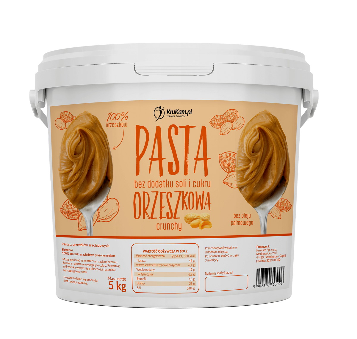 Pasta Orzechowa Crunchy 100% wiadro 5kg