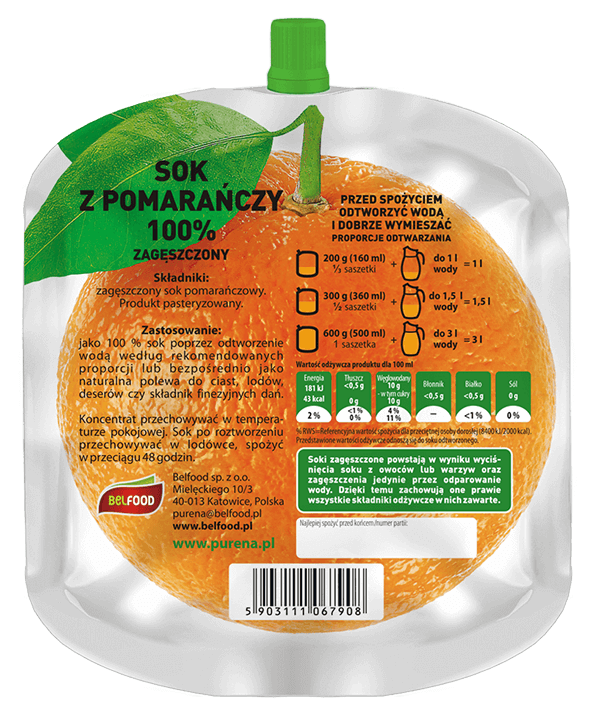 Sok Purena pomarańczowy 100% zagęszczony 600g na 3 litry soku