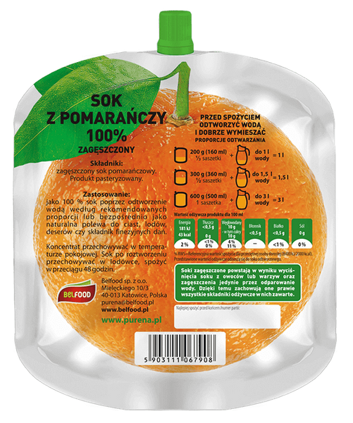 Sok Purena pomarańczowy 100% zagęszczony 600g na 3 litry soku
