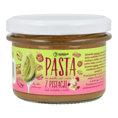 Pasta z pistacji z białą czekoladą i malinami 150g