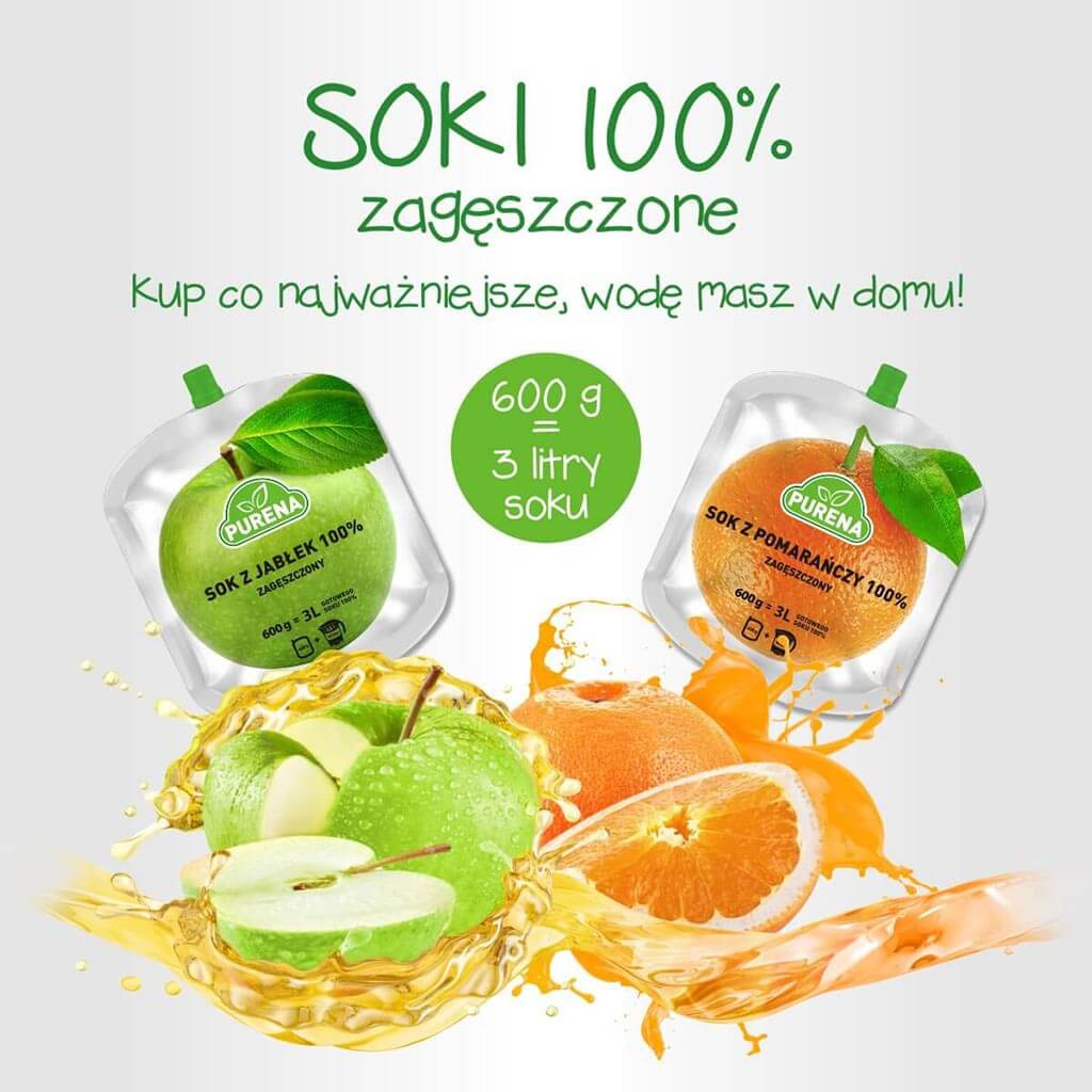 Zestaw 2 x Sok Purena pomarańczowy i jabłkowy 100% zagęszczony 600g na 3 litry soku + dzbanek