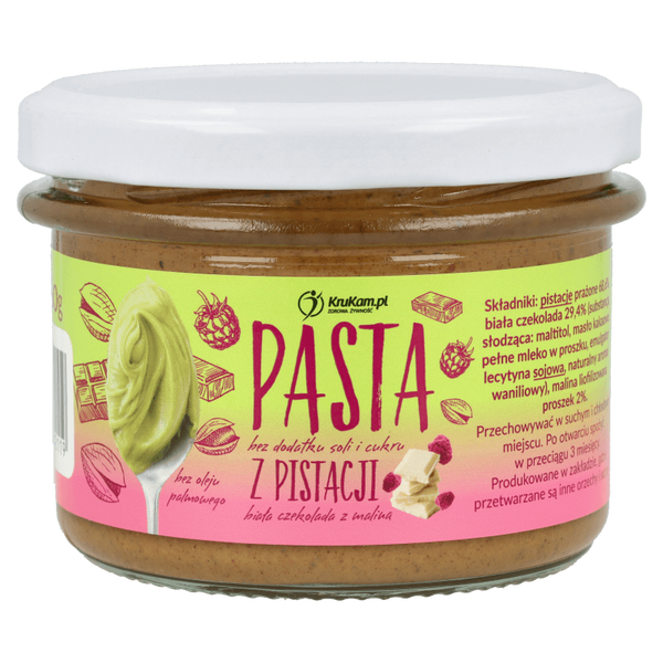 Pasta z pistacji z białą czekoladą i malinami 150g