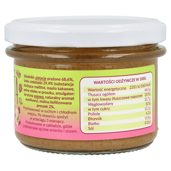 Pasta z pistacji z białą czekoladą i malinami 150g